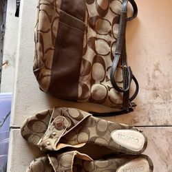 Coach Matching Set Tote Bag + Wedge Sandals Signature Brown Authentic