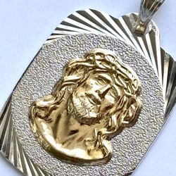 Brand New Jesus Face Medal pendant silver 925 and gold 10k - 38 mm Length 
