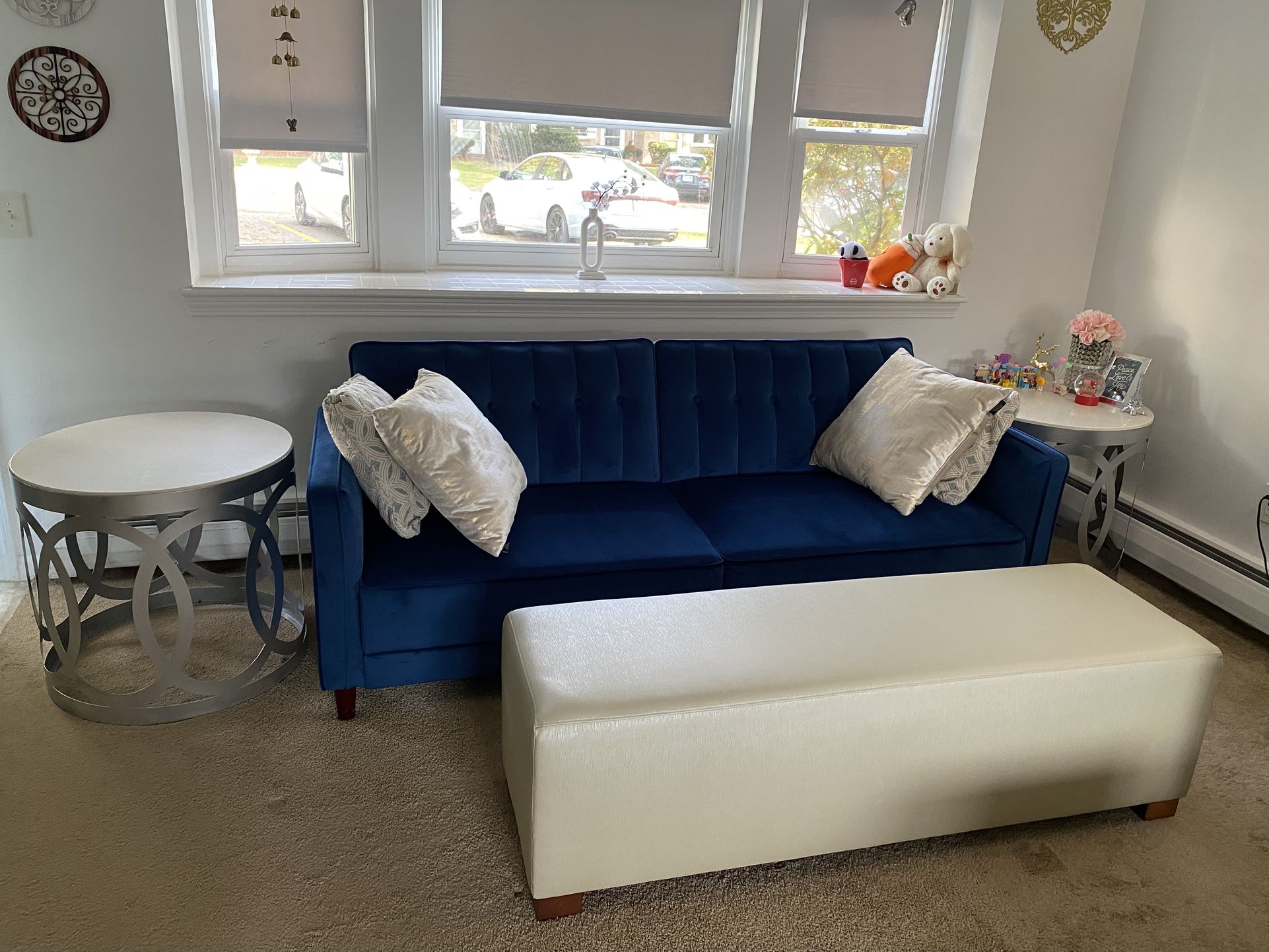 Futon couch like new with 2 marble side tables and ottoman