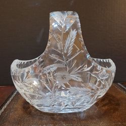 Vintage Lead Crystal Basket Bowl Vase with Etched Flowers and  Wheat