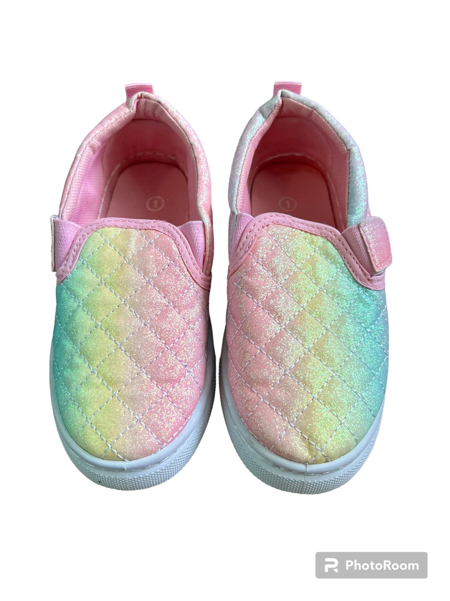 Girls Size 1 Slip On Shoe with Velcro Tab, Rainbow Shimmer Shoe, Glitter Pink