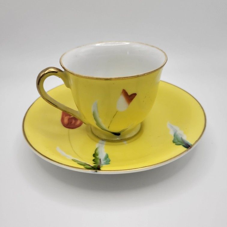 1945 UCAGCO Yellow Hand Painted Floral Demitasse Mini Cup& Saucer Occupied Japan