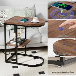  C Shaped End Table with Wireless Charging Station With LED Nightstand 