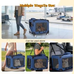 2 in 1, 28'' Collapsible Travel Dog Crate for Medium Large Dogs, Rolling Pet Carrier with Wheels, 3-Door Portable Folding Pet Kennel with Mesh Windows