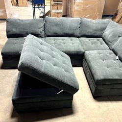 Used Sectional Sofa Couch – L-Shaped Modular Seating with Storage Ottoman, Dark Gray