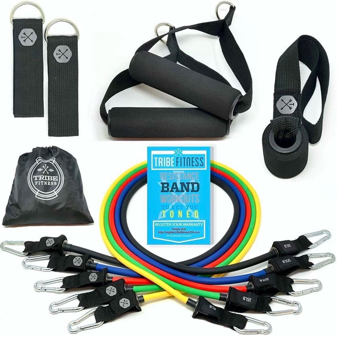 Tribe Fitness Resistance Workout Bands 12pc Set Exercise Stretch Physical Therapy Home Travel Gym