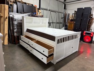 Full White Captain's Bed with Storage Drawers and Bookcase Headboard
