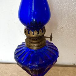 Vintage Cobalt Glass And Brass Oil Lamp 