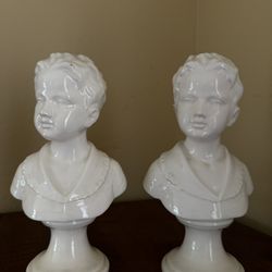 Vintage Ucagco Japan White Porcelain Boy Bust Statues Pair Mid Century Figurines