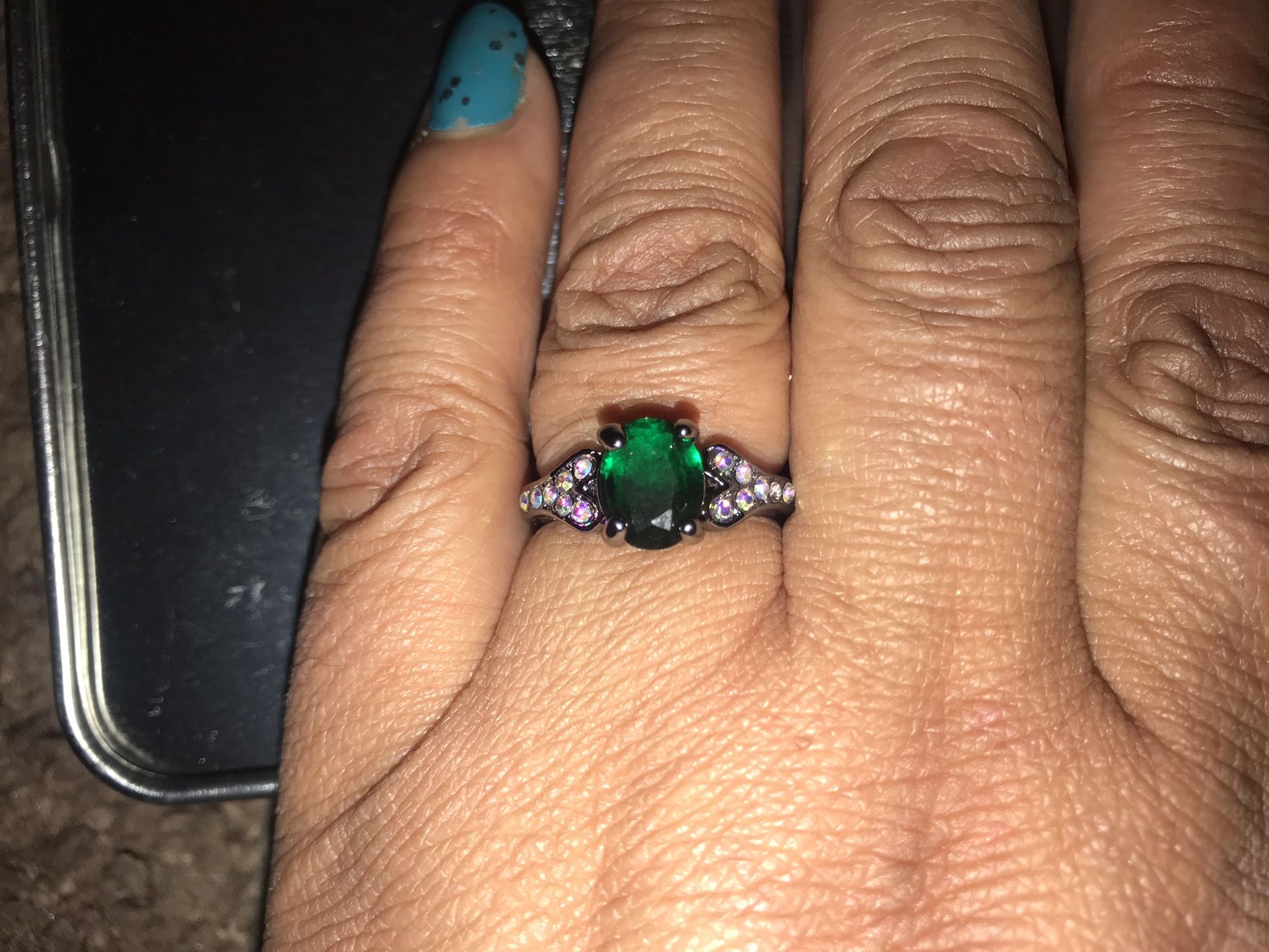 Tibetan silver cubic zirconia and green gem ring size 8
