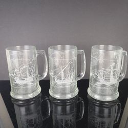 3pc Christopher Columbus 1992 500th Anniversary Etched Ship Glass Mugs Steins