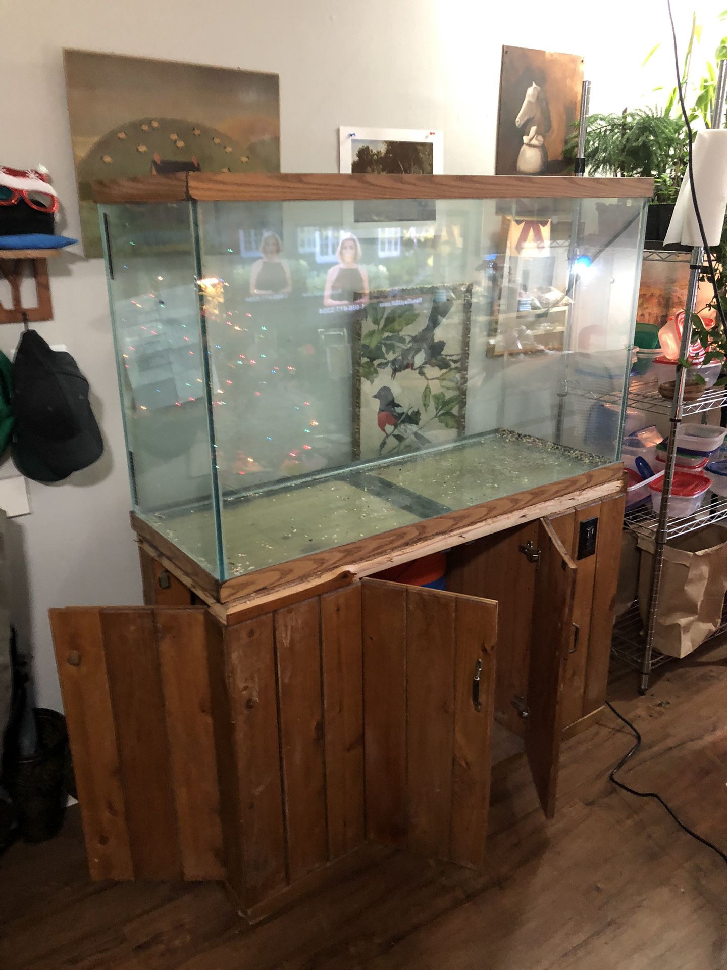 100 Gallon Fish Tank W/wooden Base / Doors Front And Sides Just Needs One Side Of The Seals Redone 
