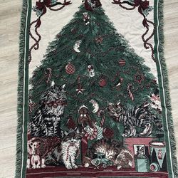 Christmas Throw Woven Tapestry Vintage  Christmas Tree Ornaments & Cats 63”x45”