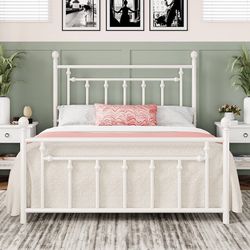 14'' Queen Size Metal Platform Bed Frame, Vintage Headboard, White 50'' Tall Victorian Headboard/Footboard/Mattress Foundation/Under Bed Storage/No Bo