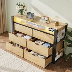 6 Drawer Oak Dresser with LED Light and Charging