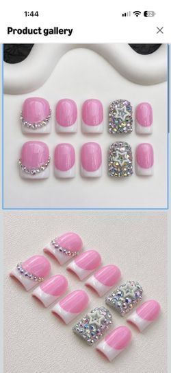 Handmade Short Square Press On Nails, Pink And White French Design With Silver Glitter Accent And Iridescent Rhinestone Trim, 10 Pieces Reusable Acryl