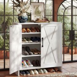 White Shoe Storage Cabinet, 5-Tier Wooden Shoe Cabinet Organizer 2-Door, 3 Adjustable Shelves. New, in box.