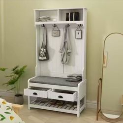 ❤️ 3-in-1 Hall Tree, Entryway Bench with Coat Rack, Mudroom Bench with Shoe Rack, 2 Storage Drawers, 4 Hooks and Padded Seat Cushions for Hallway, Whi