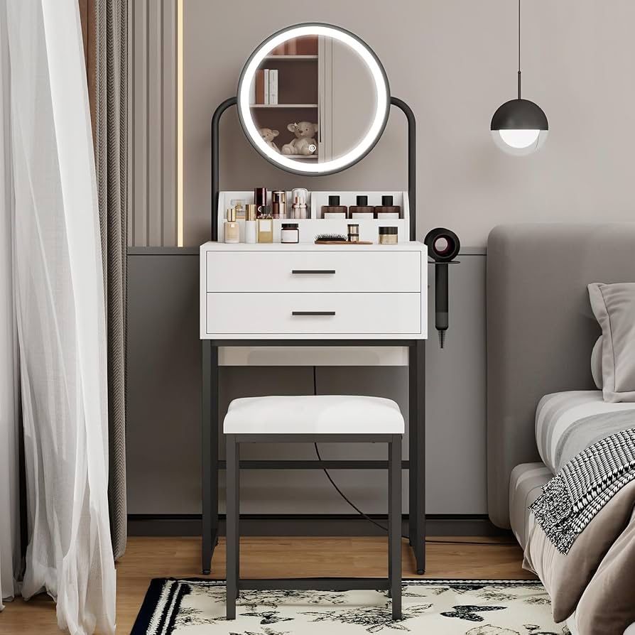 Small Vanity Desk with Mirror and Lights Compact Makeup Vanity Set with Drawers for Bedroom Mini White Modern Dressing Table with Stool