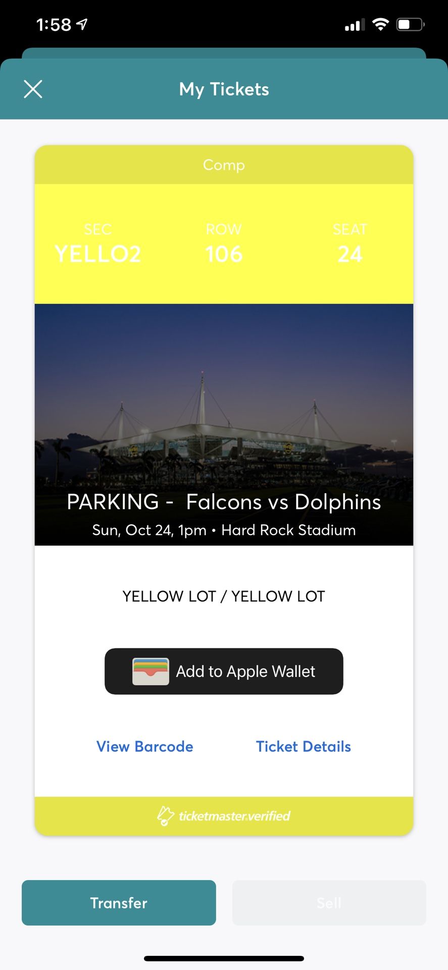 Parking Pass 10/24 Dolphins v  Falcons