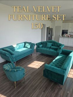 Teal Velvet Sofa Set 4 Piece
