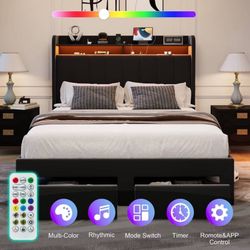 Full Size Platform Bed Frame with 2-Tier LED Storage Velvet Wingback Headboard &