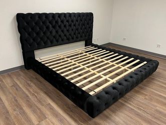 Black velvet platform Queen bed frame 