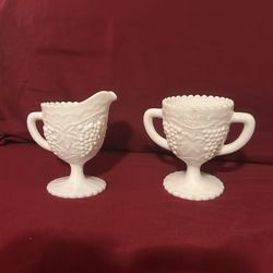 Vintage Imperial Milk Glass White Grape Design Sugar Bowl & Creamer Set