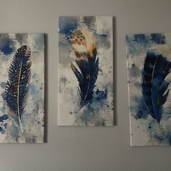 Blue Feather Tri-Painting Canvas 32L” X 16W” (READ DESCRIPTION)