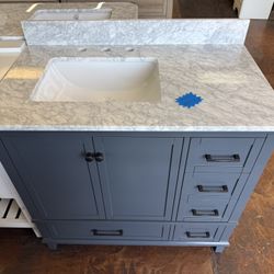 Merryfield 37 in. Single Sink Dark Blue-Grey Bath Vanity with White Carrara Marble Top