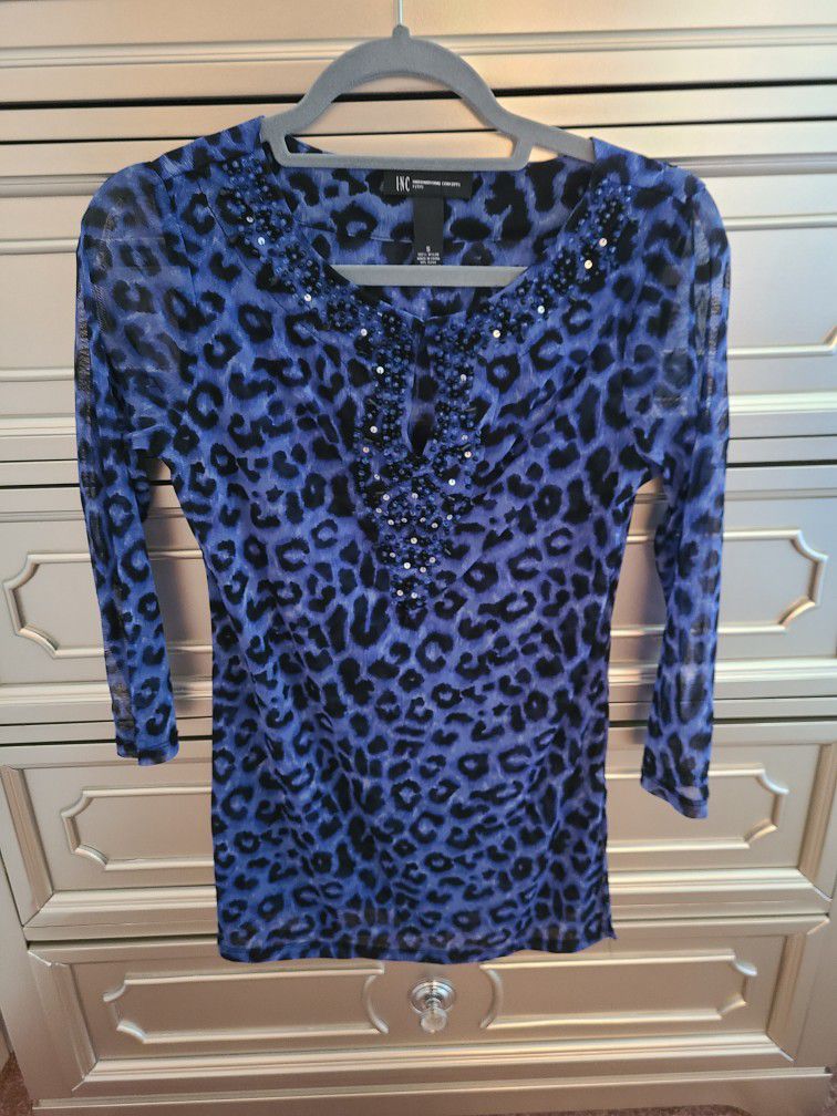 Tunic Top By INC. Size Small. Blue/Black Leapard Print. Brand New, No Tags