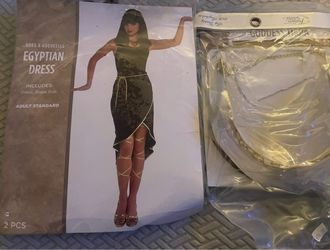 Halloween Egyptian dress costume set alongside a matching gold costume headpiece / hair jewelry.