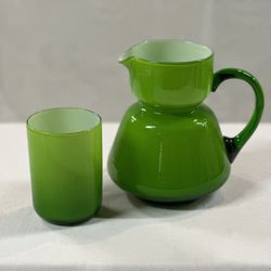 Vintage Carlo Moretti Green Murano Cased Glass Bedside Carafe Tumbler Set- 2 Pieces