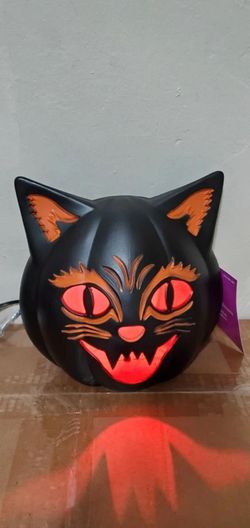 Home Accents Holiday 9In Halloween Classics Plug-In LED Black Cat Jack-O-Lantern