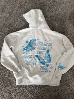 Pink Palm Puff  “To Live For the Hope of it All" Hoodie in Heather White size small