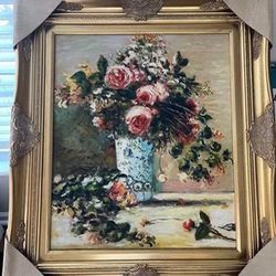 La Pastiche Roses and Jasmine in a Delft Vase Framed Oil Painting, 32" x 28", Multi