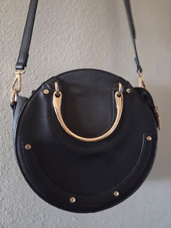 Melie Bianco Black Vegan Leather Circle Crossbody Bag Purse