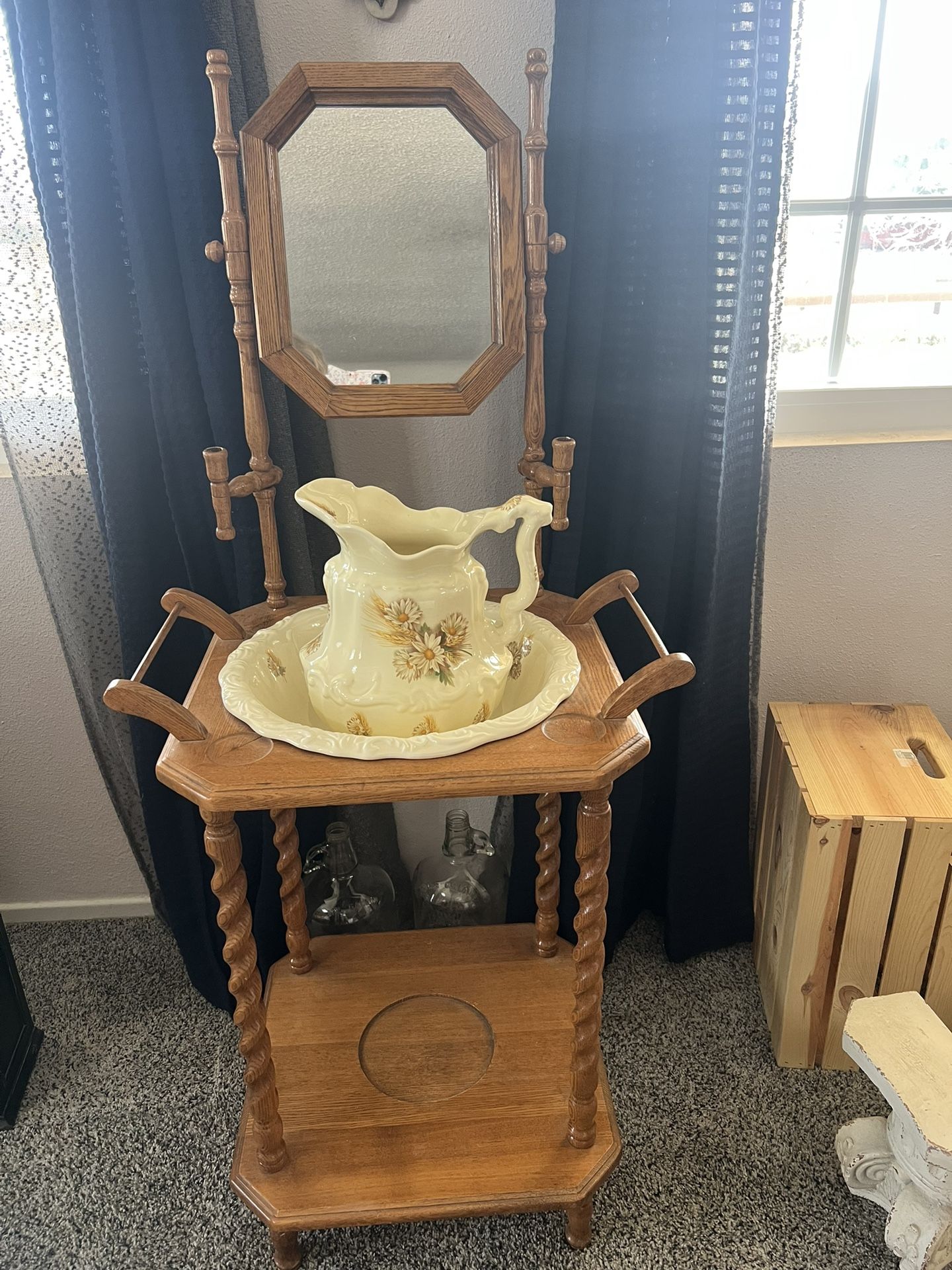 Antique wash stand with picture and wash basin