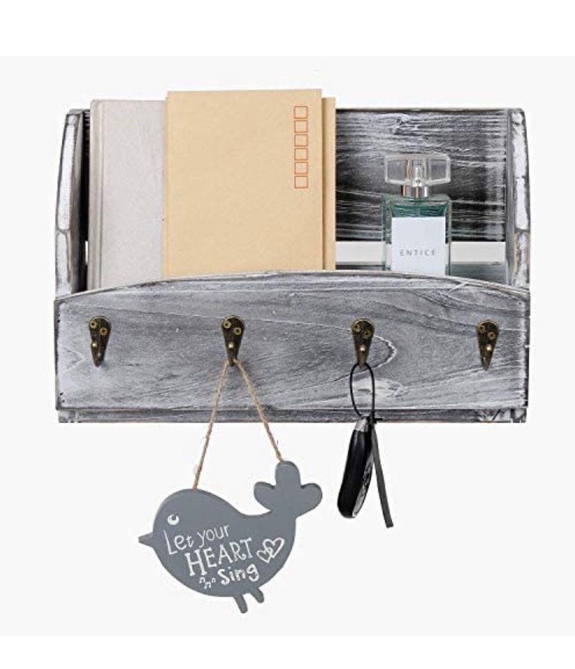 Distressed Pine Wood Wall Mounted Mail,Rack Hanger, Letter and Key Holder