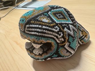 Mexican Huichol-Style Beaded Jaguar Head Sculpture