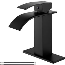 Matte Black Waterfall Bathroom Faucet, Single Handle Single Hole Bathroom Sink Faucet Deck Mount Mixer Tap with Deck Plate, Rv Lavatory Vanity Washbas