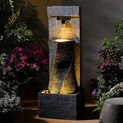 39.8’’ Tall Modern Spiral Waterfall Fountain Outdoor/Indoor Water Fountain Resin Stone-Like Water Feature with LED Lights for Outside, Garden, Patio, 