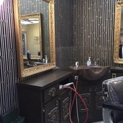  2  Barber Brown Stations + 2 Mirrors + Shampoo Bowl 