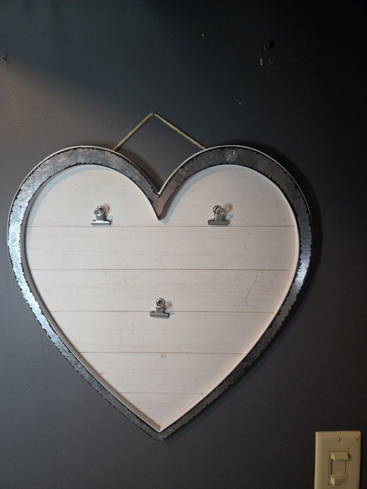 Wooden Heart With Galvanized Metal Frame For Hanging Pictures And Notes
