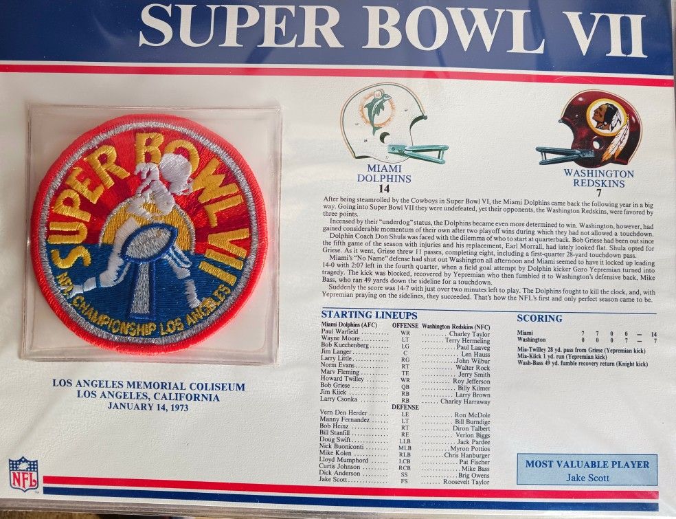 January 14, 1973 Miami Dolphins Washington Redskins Nfl Football Super Bowl VII (7) Patch