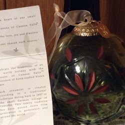 Vintage Seasons Of Cannon Falls Cut Glass Ornament Red Poinsettia Green Glass 3.5”