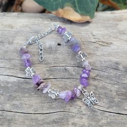 Amethyst Crystal Butterfly Charm Adjustable Bracelet 