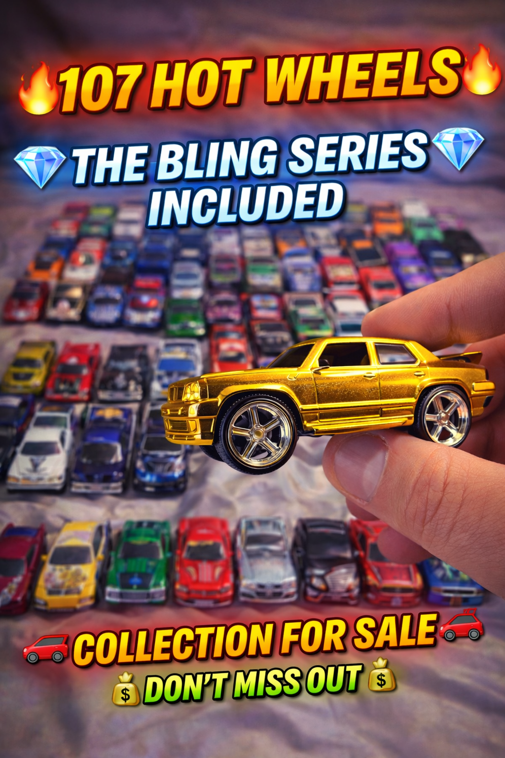 Up for sale is a massive 107-car Hot Wheels collection featuring a great mix of licensed vehicles, fantasy castings, and several cars from โThe Blingโ
