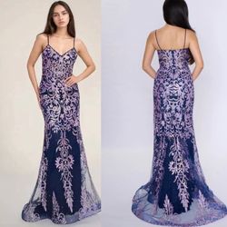 New With Tags Nina Canacci Navy & Lilac Long Formal Dress & Prom Dress $150