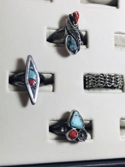 Lot of 4 Native American Old Pawn Sterling Silver Turquoise/Coral Bands Rings, Navajo/Zuni with Silver Toro belt buckle
